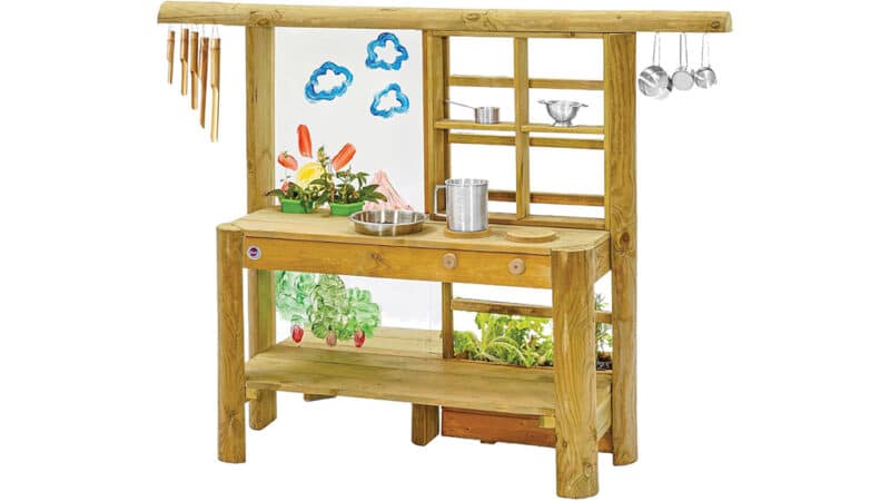 Cocina De Madera Plum Discovery Outdoor Con Fregadero Y Utensilios, Juego Sensorial De Barro Y Pintura, Para Exterior, Niños 3+ Años