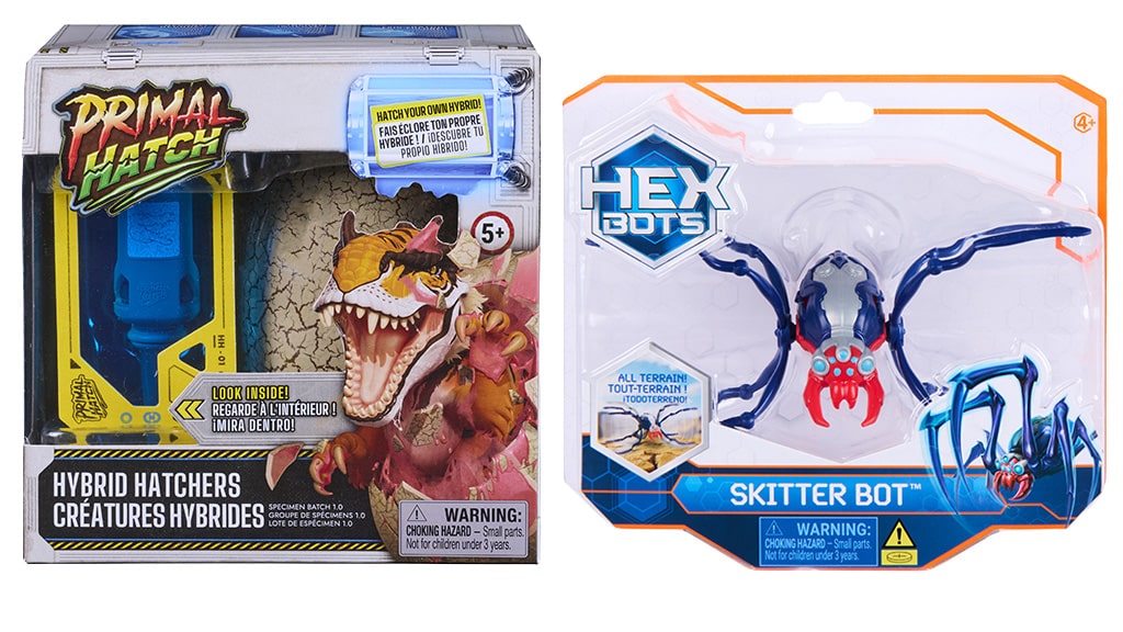 Primal Hatch Hybrid Hatchers and the Hexbots Skitter Bot hit retail this spring. A robust line of fall launches debut at Toy Fair New York. | Source: Spin Master