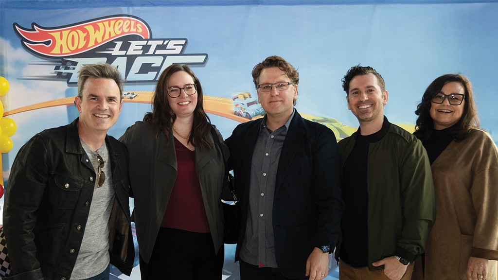 The 'Hot Wheels Let’s Race' creative team, from left to right: Mike Roberts, Melanie Shannon, Rob David, Gershowitz, and Diane A. Crea. | Source: Jordan Gershowitz