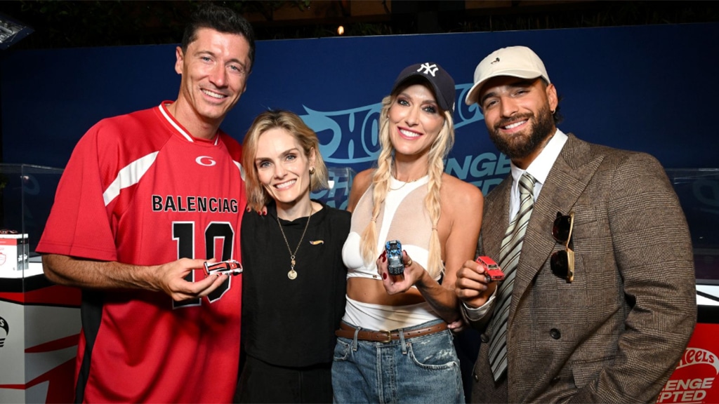 From left: Robert Lewandowski, Mattel's Alex Ries, Supercar Blondie, and Maluma | Source: Mattel